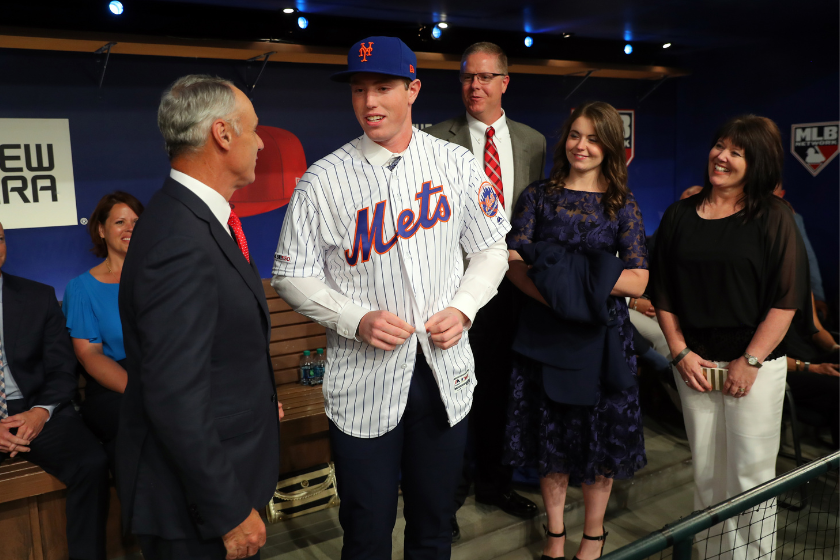 Brett Baty is greeted by Major League Baseball Commissioner Robert D. Manfred Jr. after being selected 12th overall by the New York Mets during the 2019 Major League Baseball Draft