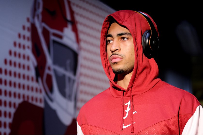 Quarterback Bryce Young of the Alabama Crimson Tide walks out to the field before taking on the Georgia Bulldogs before the 2022 CFP National Championship game