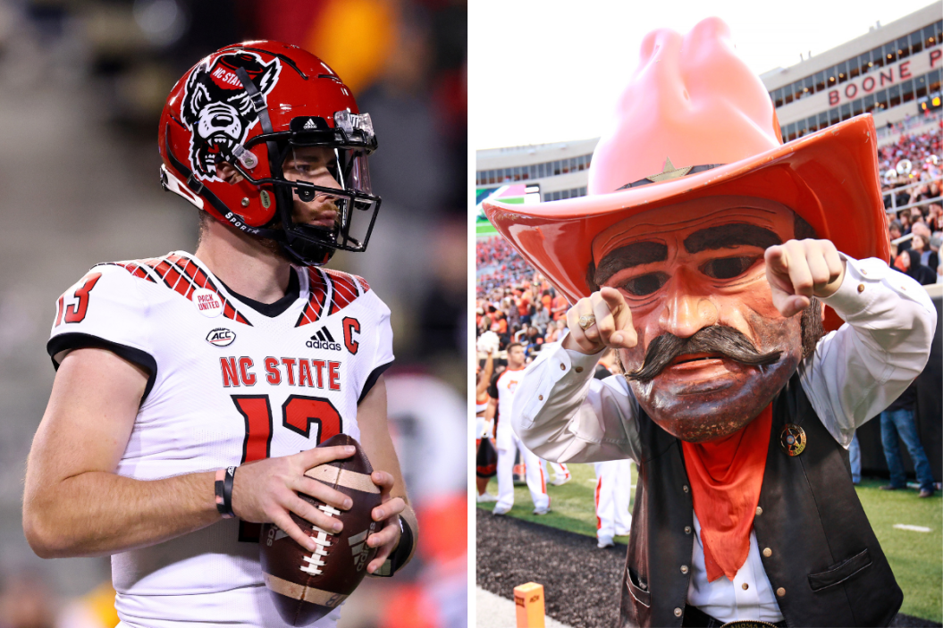 Devin Leary #13 of the North Carolina State Wolfpack looks on against the Wake Forest Demon Deacons during their game at Truist Field, Oklahoma State Cowboys mascot Pistol Pete performs during the game against the Oklahoma Sooners at Boone Pickens Stadium