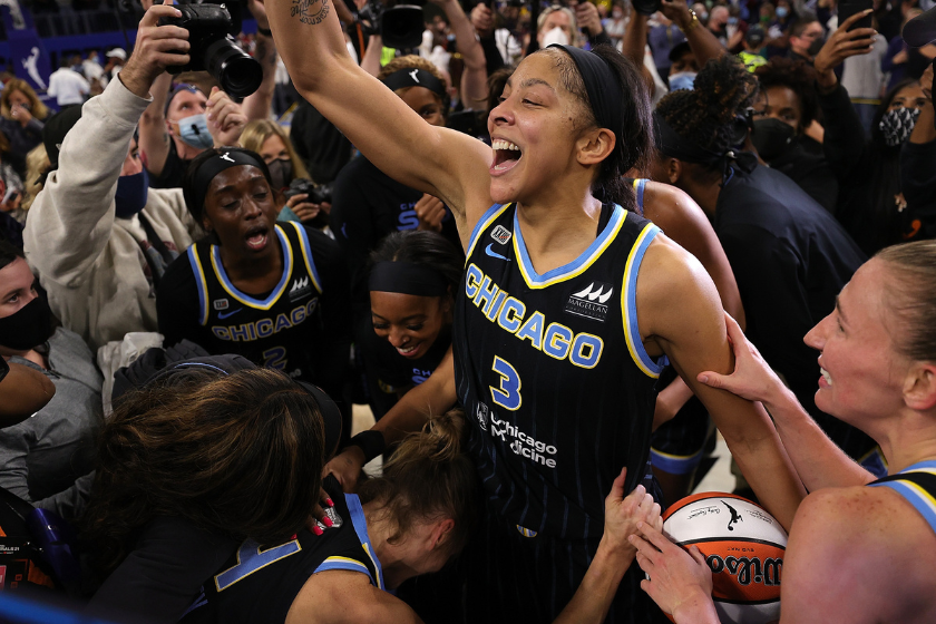 Candace Parker #3 of the Chicago Sky celebrates after defeating the Phoenix Mercury 80-74 in Game Four of the WNBA Finals to win the championship at Wintrust Arena