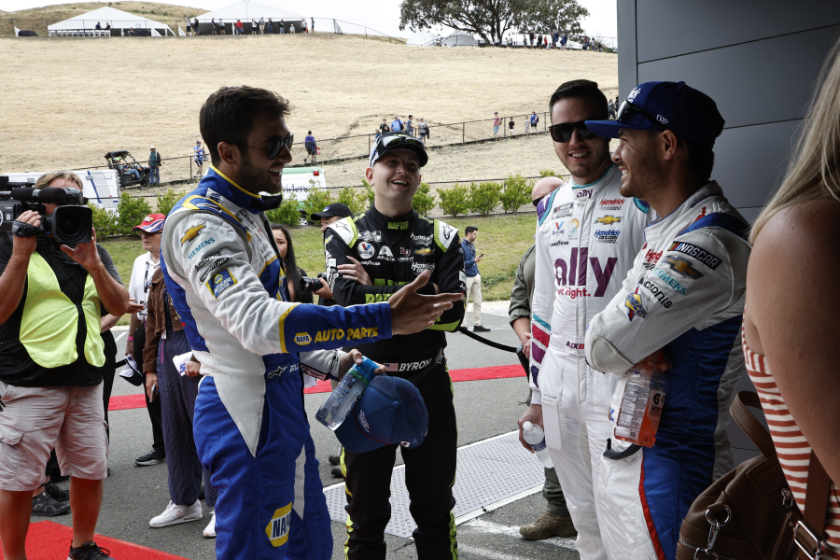 Chase Elliott, William Byron, Alex Bowman, and Kyle Larson share a laugh at the 1948 Club prior to the NASCAR Cup Series ToyotaSave Mart 350 at Sonoma Raceway on June 12, 2022