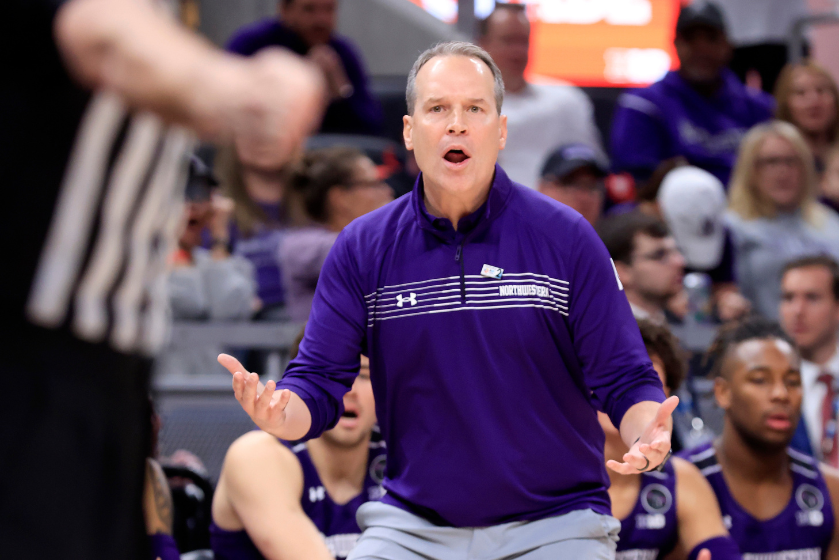 Head coach Chris Collins of the Northwestern Wildcats reacts after a play in the game against the Iowa Hawkeyes during the first half during the Big Ten Tournamen