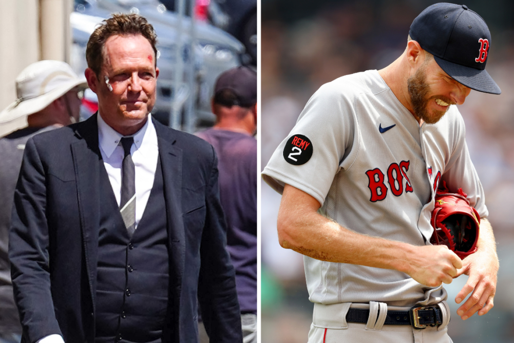Dean Winters, dressed as character "Mayhem", is seen arriving at 'Jimmy Kimmel Live' Show, Chris Sale #41 of the Boston Red Sox leaves the field with a dislocated pinky finger after getting hit by a line drive from Aaron Hicks