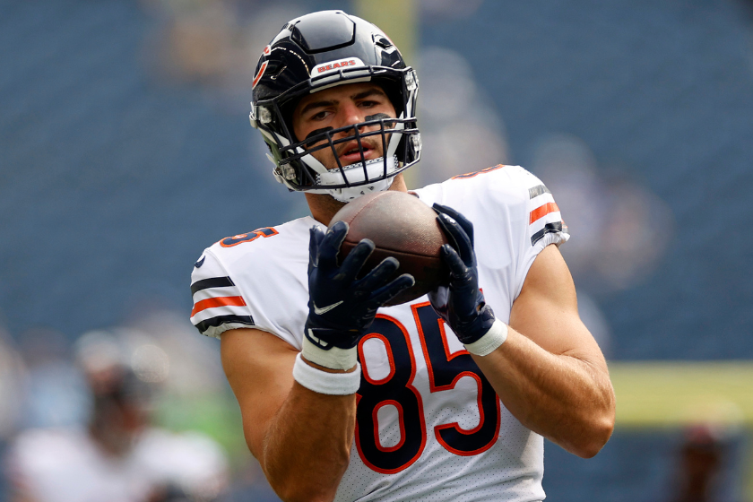 Cole Kmet #85 of the Chicago Bears warms up before the preseason game between the Seattle Seahawks and the Chicago Bears