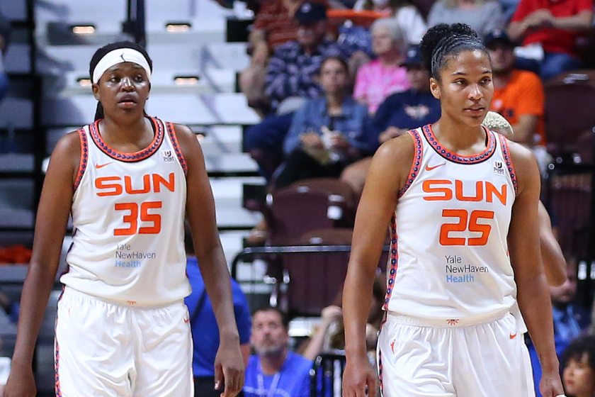 Jonquel Jones and Alyssa Thomas take the court during the first round and game 1 of the WNBA playoffs between Dallas Wings and Connecticut Sun