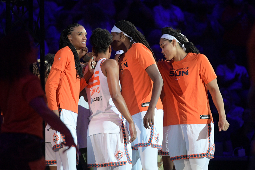 Connecticut Sun players huddle after the announcement of the starting lineups prior to a WNBA game between the Minnesota Lynx and the Connecticut Sun