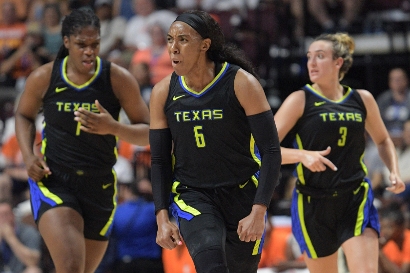 Dallas Wings forward Kayla Thornton (6) reacts to making a three point shot during Game 2 of the First Round of the WNBA Playoffs between the Dallas Wings and the Connecticut Sun 