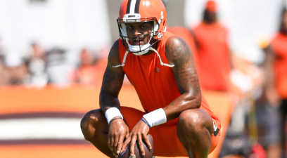 Deshaun Watson #4 of the Cleveland Browns rests after running a drill during Cleveland Browns training camp