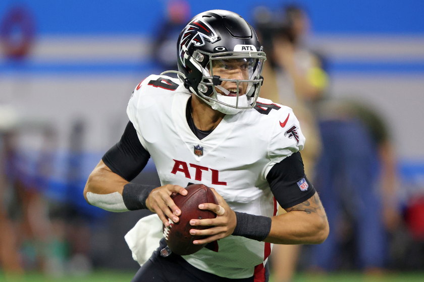 Atlanta Falcons quarterback Desmond Ridder (4) looks to pass during the second half of an NFL preseason football game against the Detroit Lions