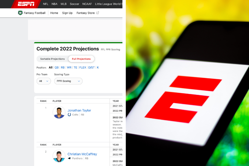 ESPN Fantasy Football Rankings Page Screenshot, In this photo illustration the ESPN logo seen displayed on a smartphone