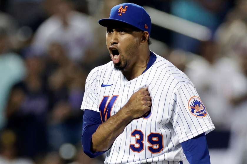 Edwin Diaz #39 of the New York Mets reacts after the final out in an 8-5 win over the San Diego Padres