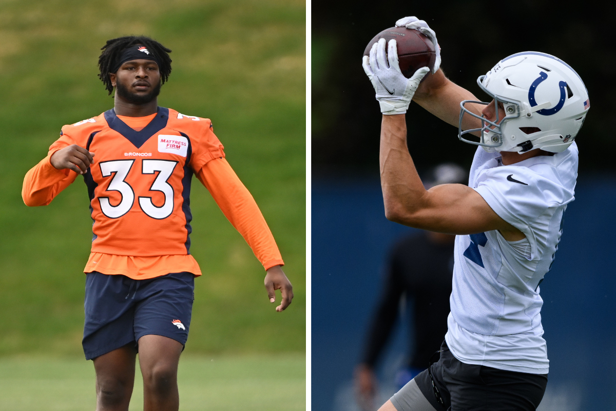 Javonte Williams (33) runs drills during practice with the Denver Broncos, Indianapolis Colts wide receiver Alec Pierce (14) runs through a drill during the Indianapolis Colts OTA