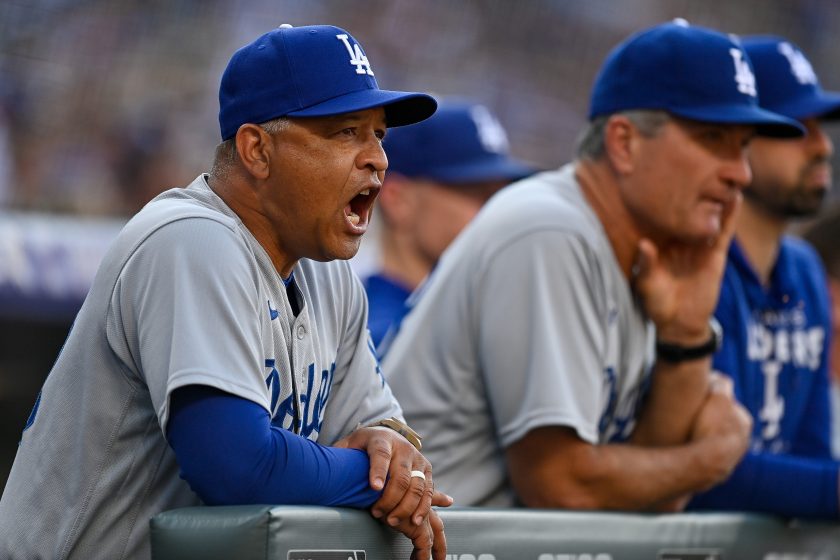 Dave Roberts yells during a Dodgers game in 2022.