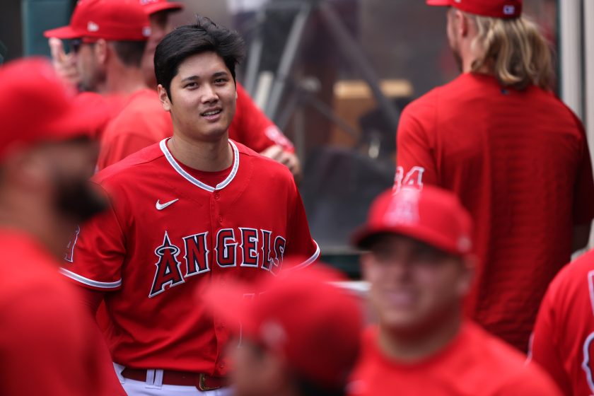 Shohei Ohtani walks through the dugout during a 2022 Angels game.