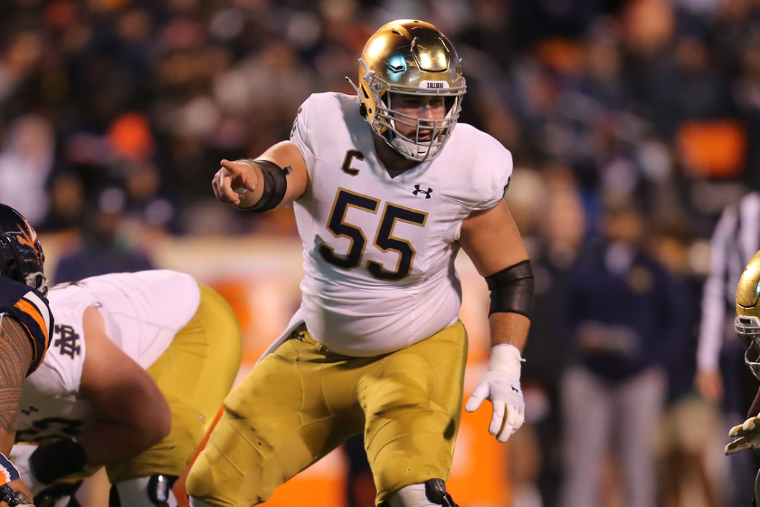 Notre Dame Fighting Irish offensive lineman Jarrett Patterson (55) during a game between the Notre Dame Fighting Irish and the Virginia Cavaliers