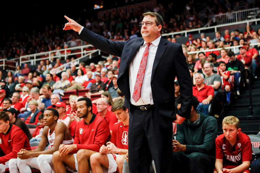Stanford Cardinal Men's Basketball Head Coach Jerod Haase points down the court