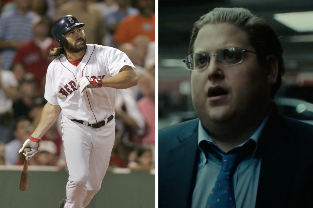 Johnny Damon watches the flight of his second home run against the Texas Rangers, A scene from "Moneyball" with Jonah Hill