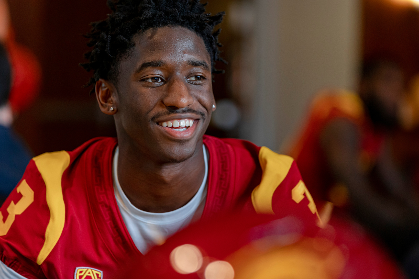 USC wide receiver Jordan Addison talks with reporters on media day at University of Southern California