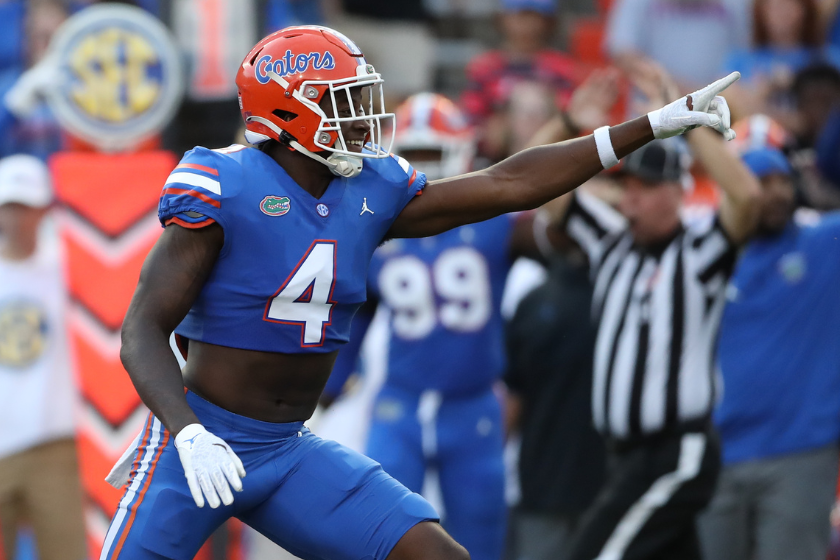  Florida Gators wide receiver Justin Shorter (4) celebrates after a turnover on a kick-off during the Florida Spring football game
