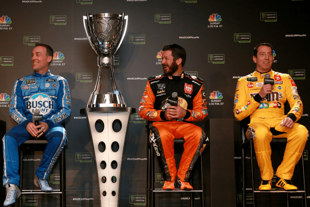 Kevin Harvick, and Martin Truex Jr., and Kyle Busch speak with members of the media during NASCAR 2019 Championship 4 Media Day at the Edition Hotel on November 14, 2019 in Miami, Florida