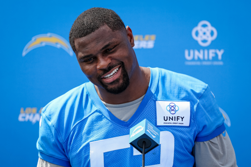 Khalil Mack #52 of the Los Angeles Chargers speaks with the media during training camp