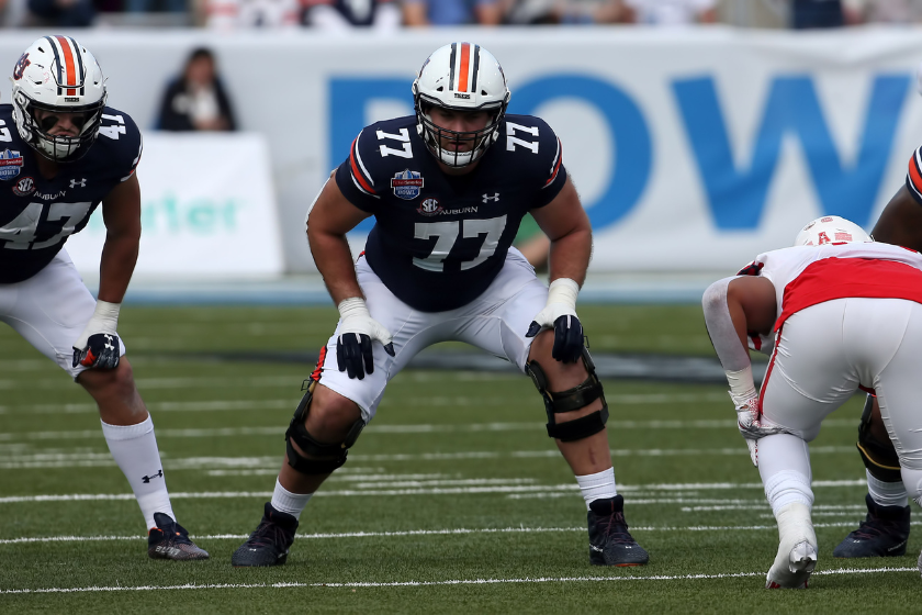 Auburn offensive tackle Kilian Zierer lines up against Houston in the Birmingham Bowl.