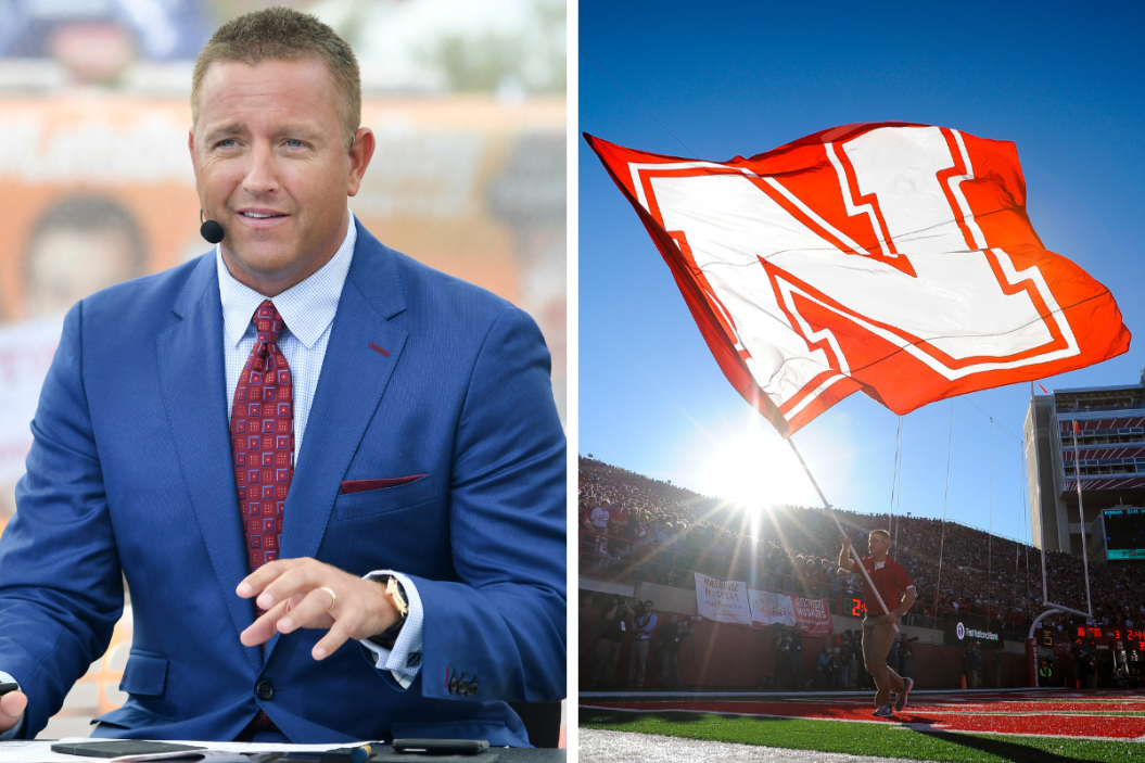 ESPN's Kirk Herbstreit on set during College Gameday, A flag is displayed after the Nebraska Cornhuskers score against the Michigan State Spartans