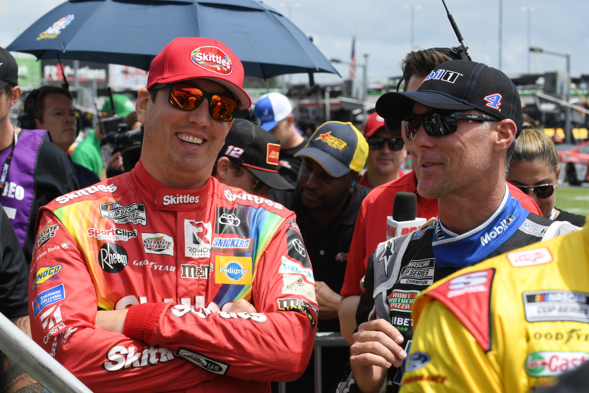 Kyle Busch and Kevin Harvick before the NASCAR Cup Series Quaker State 400 on July 11, 2021, at Atlanta Motor Speedway
