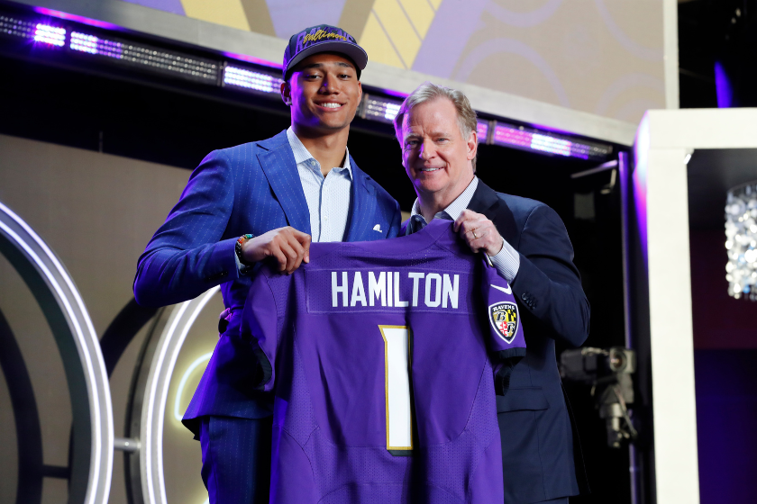 Kyle Hamilton after being drafted by the Baltimore Ravens.