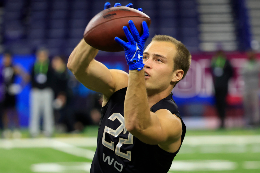 Kyle Philips #WO22 of the UCLA Bruins runs a drill during the NFL Combine