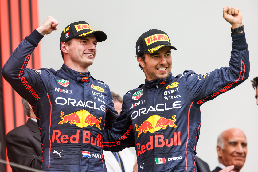 Max Verstappen of Red Bull Racing and The Netherlands celebrates with Sergio Perez of Mexico and Red Bull Racing after finishing in first and second position during the F1 Grand Prix of Emilia Romagna