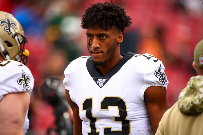 Michael Thomas #13 of the New Orleans Saints looks on before the game against the Tampa Bay Buccaneers