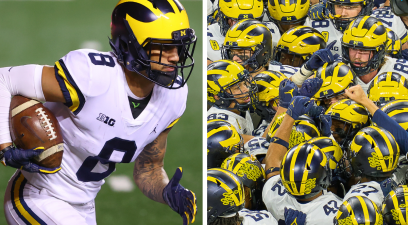 Wide Receiver Ronnie Bell, Michigan Wolverines players gather in a team huddle prior to the start of the Big Ten Championship Game