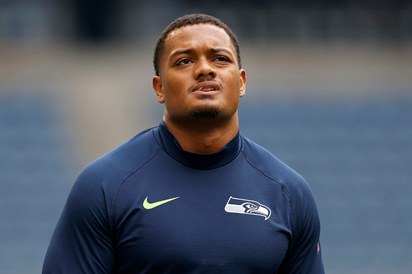 Noah Fant #87 of the Seattle Seahawks looks on during warmups before the preseason game between the Seattle Seahawks and the Chicago Bears 