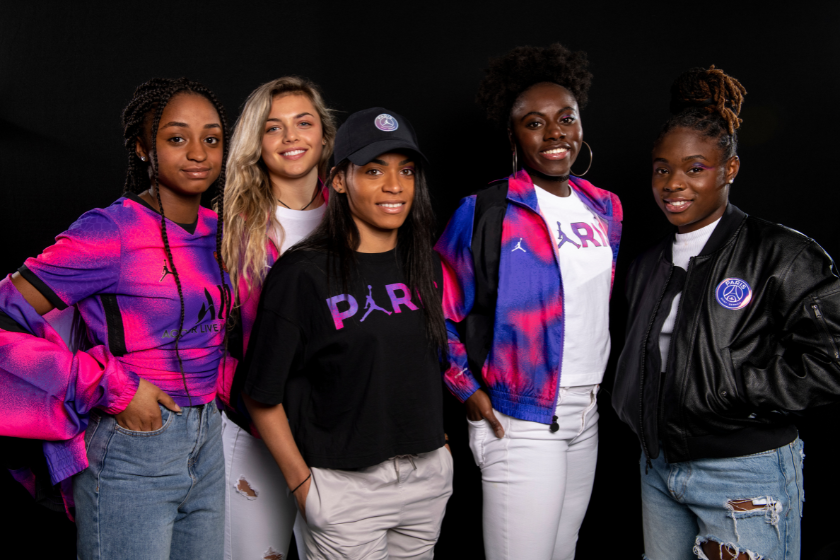 In this photo released on March 08, 2021, Laurina Fazer, Oceane Hurtre, Perle Morroni, Bénédicte Simon and Sandy Baltimore pose to unveil the Paris Saint-Germain Women Collection in Collaboration with Jordan 