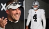 Head coach Josh McDaniels of the Las Vegas Raiders laughs during a news conference after the first day of mandatory minicamp, Quarterback Derek Carr #4 of the Oakland Raiders walks out onto the field before an NFL game