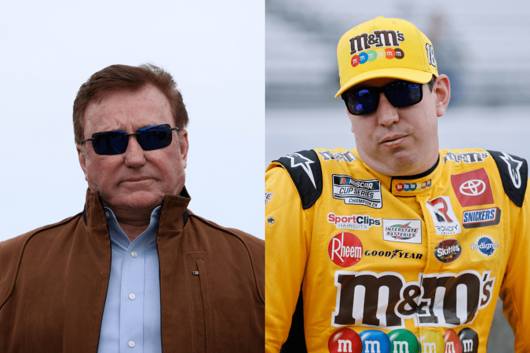 Richard Childress walks through the garage area during practice for 2022 Daytona 500 ; Kyle Busch looks on prior to the 2022 Verizon 200 at the Brickyard