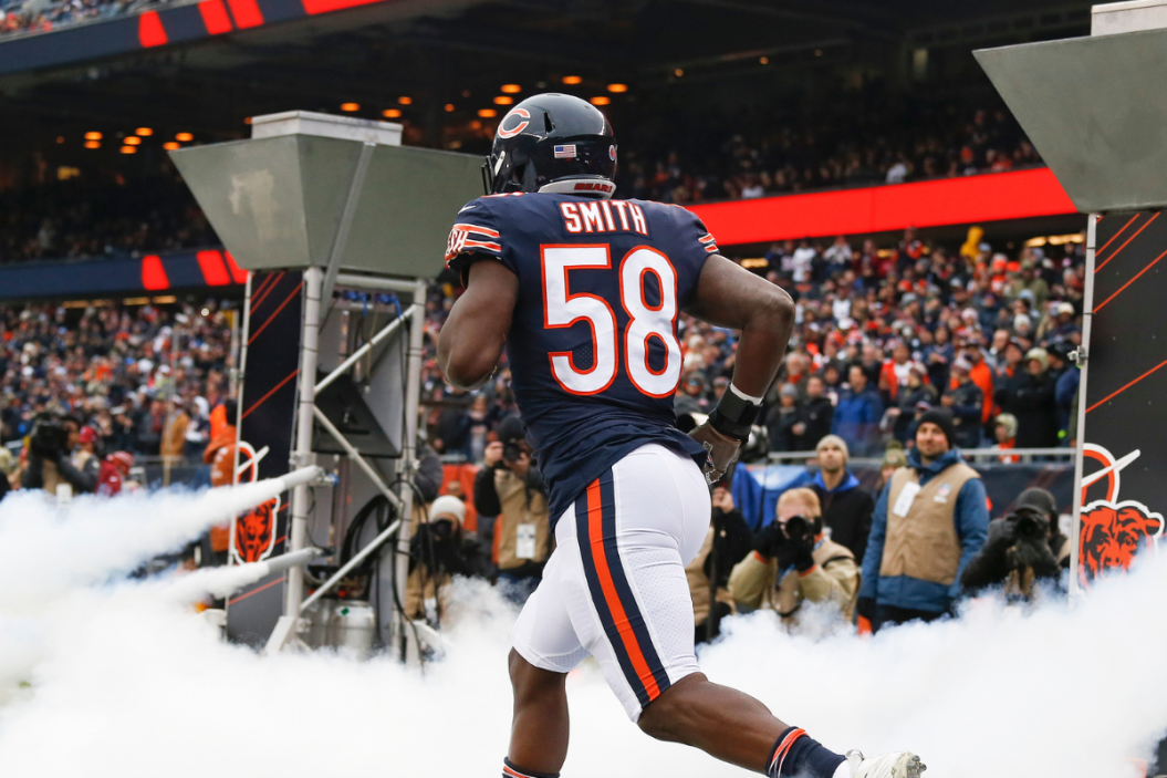 Roquan Smith #58 of the Chicago Bears takes the field prior to a game against the Detroit Lions at Soldier Field