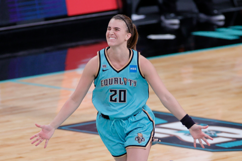 Sabrina Ionescu #20 of the New York Liberty reacts after making a three-point basket in the final seconds of the second half against the Indiana Fever 