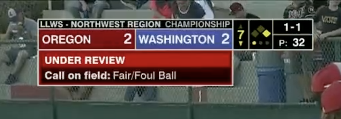 A screenshot from the broadcast or Oregon-Washington in the LLWS regionals.