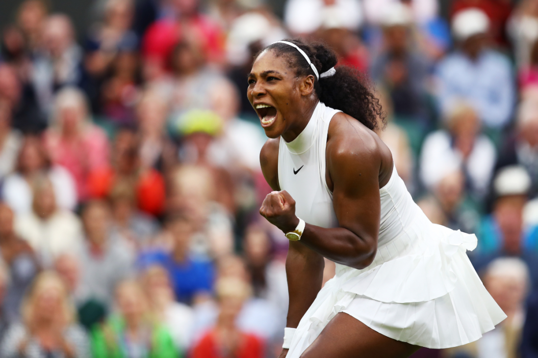 Serena Williams of The United States celebrates victory during the Ladies Singles second round match against Christina McHale of the United States on day five of the Wimbledon Lawn Tennis Championships