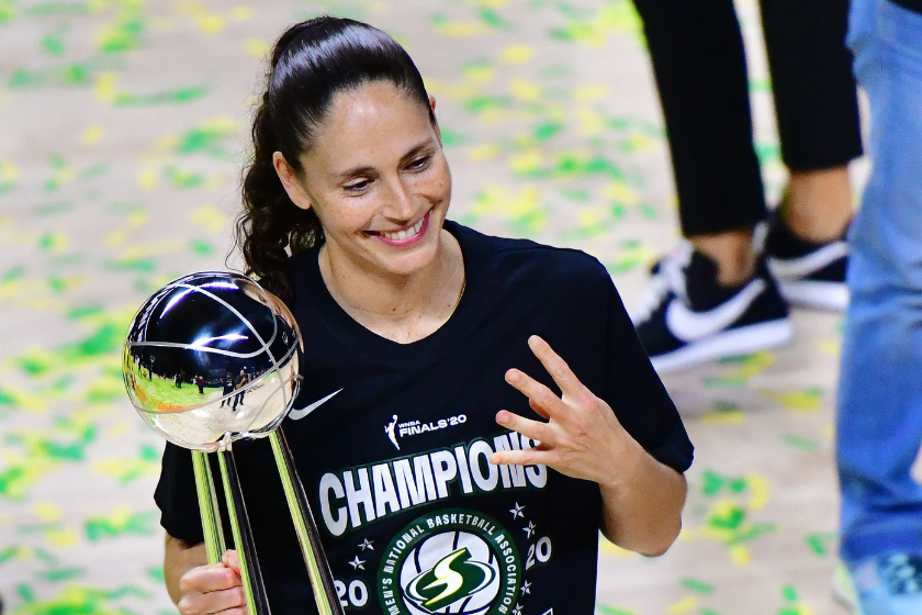 Sue Bird #10 of the Seattle Storm celebrates after winning her fourth WNBA championship after defeating the Las Vegas Aces 92-59 during Game 3 of the WNBA Finals