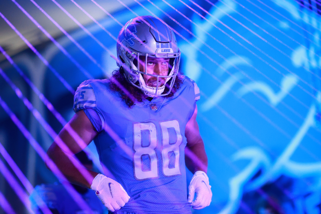 Hockenson #88 of the Detroit Lions looks on before the game against the Cincinnati Bengals at Ford Field