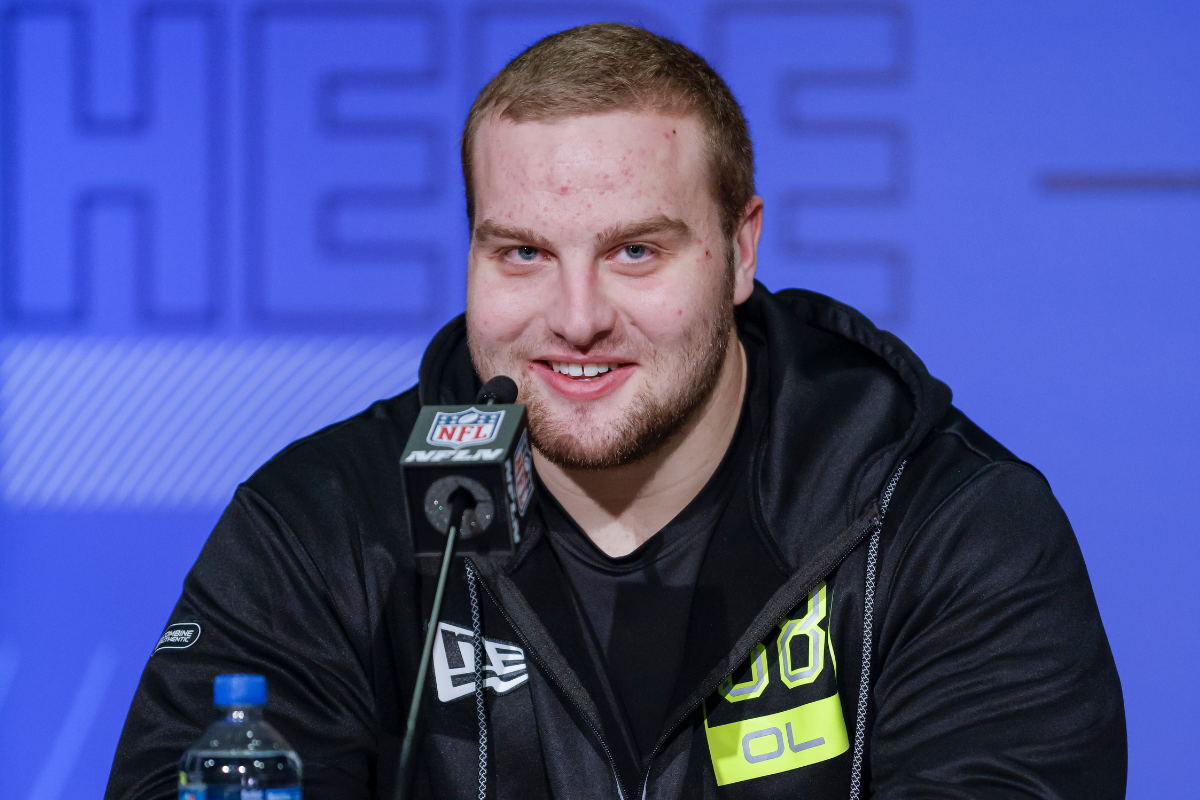Trevor Penning #OL38 of the Northern Iowa Panthers speaks to reporters during the NFL Draft Combine