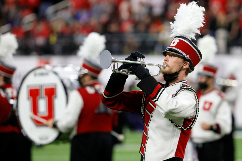 : The University of Utah Marching Band performs before the Pac-12 Conference championship game