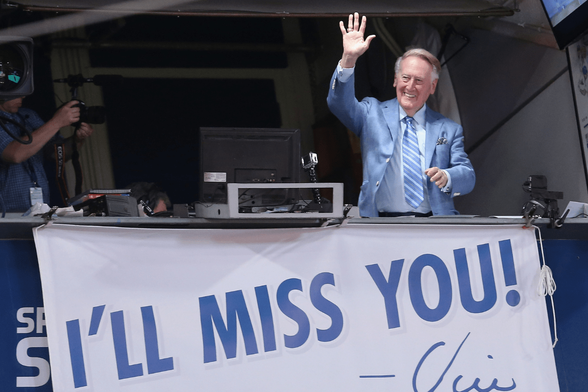 Vin Scully calls a game in 2016, his last season before retiring.
