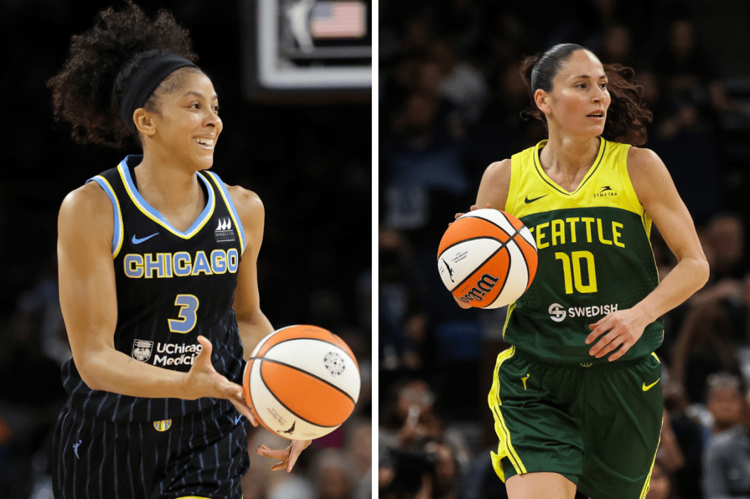 Candace Parker #3 of the Chicago Sky brings the ball up the court against the Las Vegas Aces during their game, Sue Bird #10 of the Seattle Storm dribbles the ball against the Minnesota Lynx in the third quarter of the game