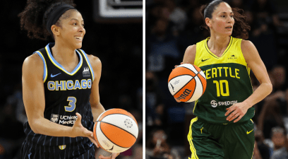 Candace Parker #3 of the Chicago Sky brings the ball up the court against the Las Vegas Aces during their game, Sue Bird #10 of the Seattle Storm dribbles the ball against the Minnesota Lynx in the third quarter of the game