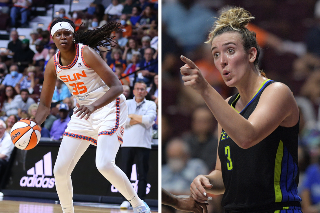 Connecticut Sun forward Jonquel Jones (35) in action during the first round and game 1 of the WNBA playoff, Dallas Wings guard Marina Mabrey (3) instructs a teammate during a break in play during Game 2 of the First Round of the WNBA Playoffs