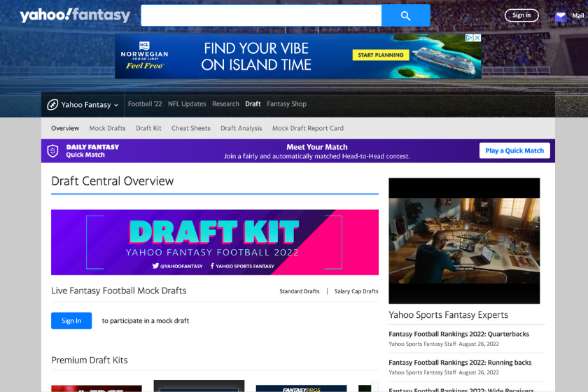 Yahoo! Fantasy Sports Draft Kit Page